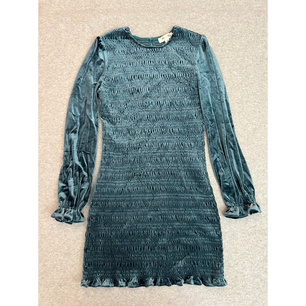 She + Sky Velvet Ruffle Mini Dress Small Teal Blue Smocked Long Sleeve Cocktail